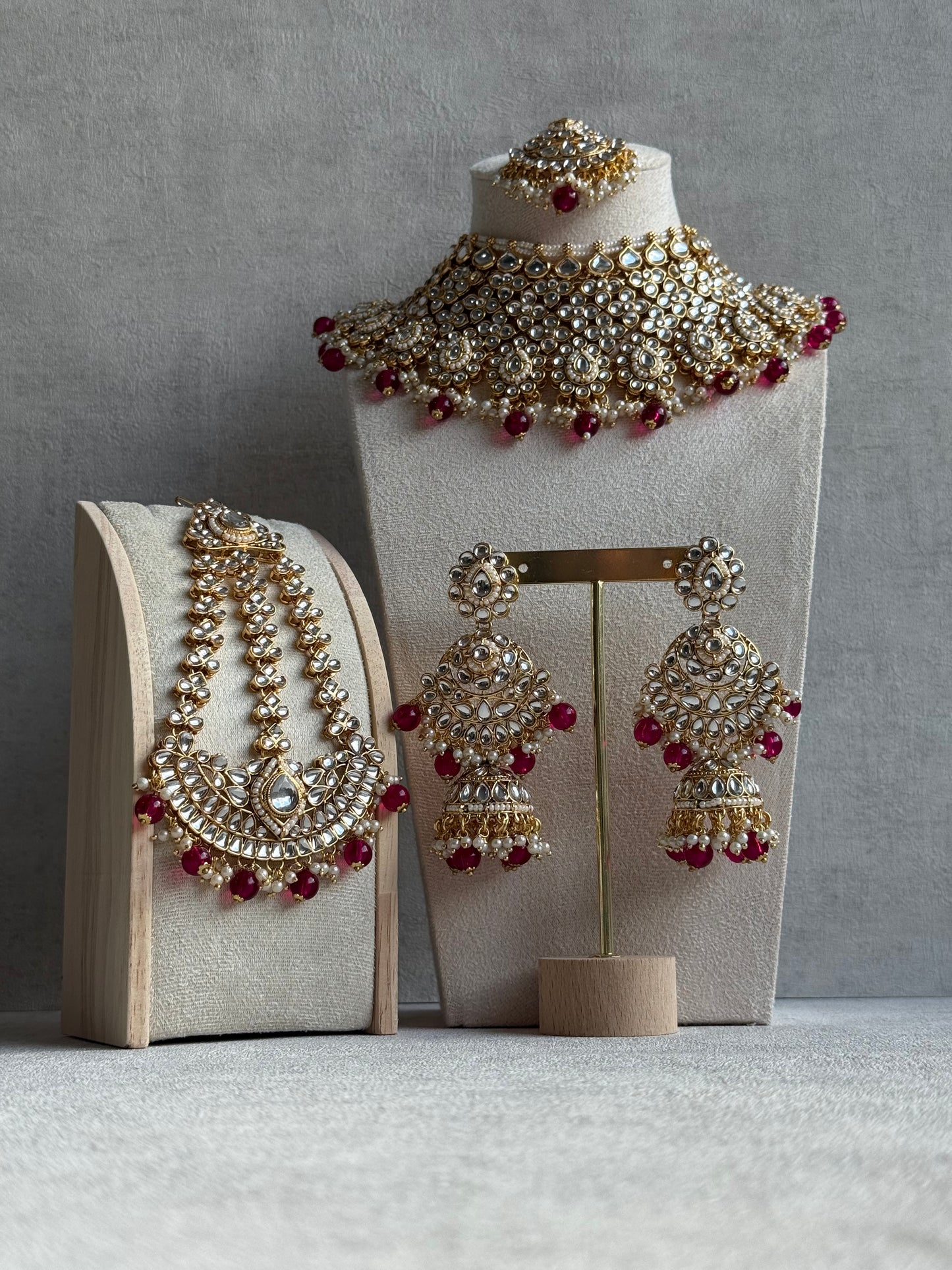 Ayura Designs Suhag Set – Bridal Necklace, Jhumkis & Tikka with Pink Beads, Pearl Detailing & Gold-Finish Kundan