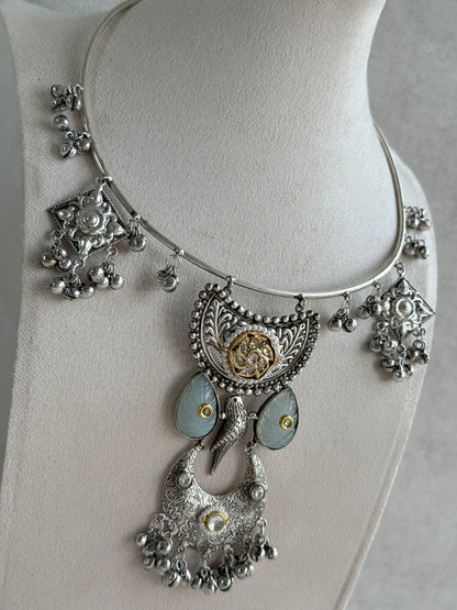 Ayura Designs Jiyana Collar Necklace Set – Dove Grey Carved Teardrop Stones & Oxidised Silver Finish