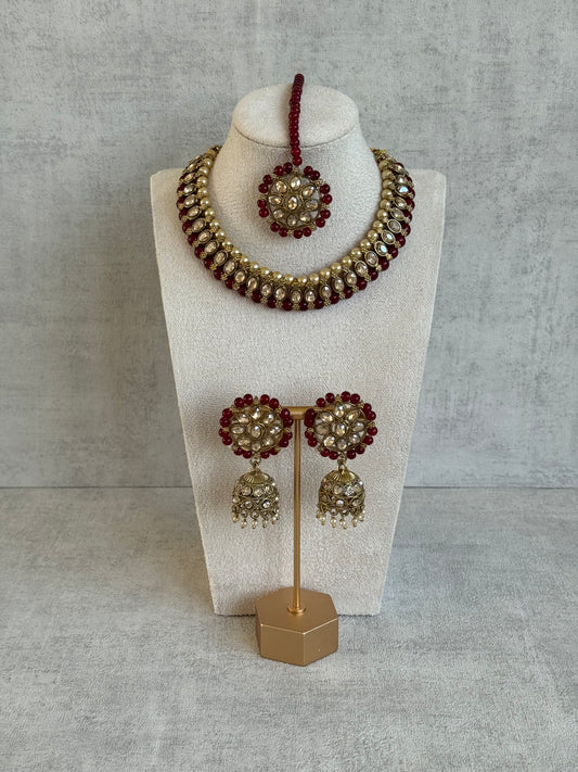 Ayura Designs Huma Set with Jhumkis & Tikka – Mirror-Cut Stones, Ruby Red Beads & Pearl Detailing