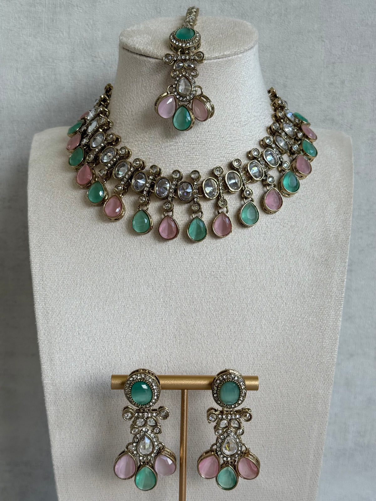 Ayura Designs Ava Necklace Set with Earrings & Tikka – Mint Green & Blush Pink Stone Necklace Set in Antique Gold Finish