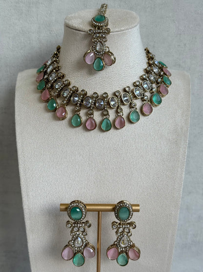 Ayura Designs Ava Necklace Set with Earrings & Tikka – Mint Green & Blush Pink Stone Necklace Set in Antique Gold Finish