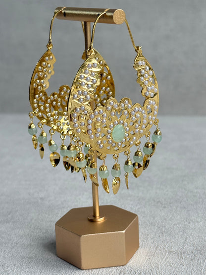 Ayura Designs Nimrat Balis – Mint Green & Ivory Pearls with Pippal Patti & Gold Finish