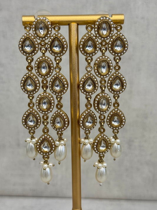 Ayura Designs Mia Earrings – Handcrafted Gold-Toned Cascading Earrings with Clear Kundan Stones, Pearl Accents & Elegant Drop Detailing