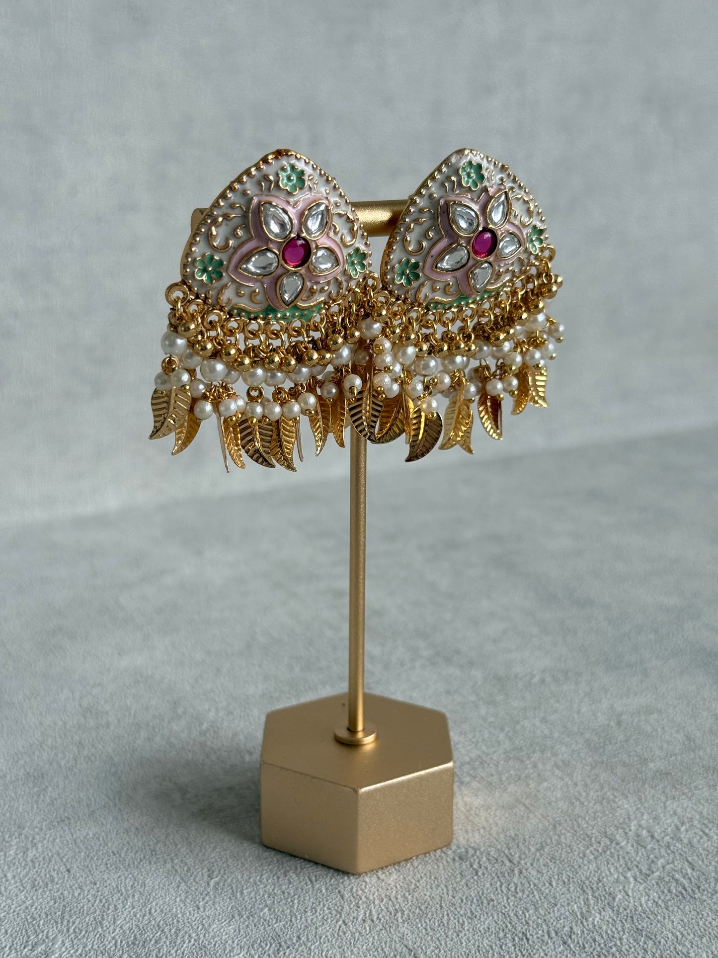 Ayura Designs Rozina Earrings – Floral Meenakari Earrings with Ruby Pink Centre Stone, Pearl Clusters & Gold Leaf Charms