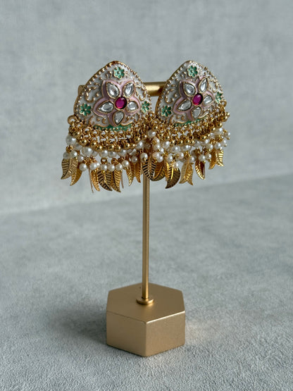 Ayura Designs Rozina Earrings – Floral Meenakari Earrings with Ruby Pink Centre Stone, Pearl Clusters & Gold Leaf Charms