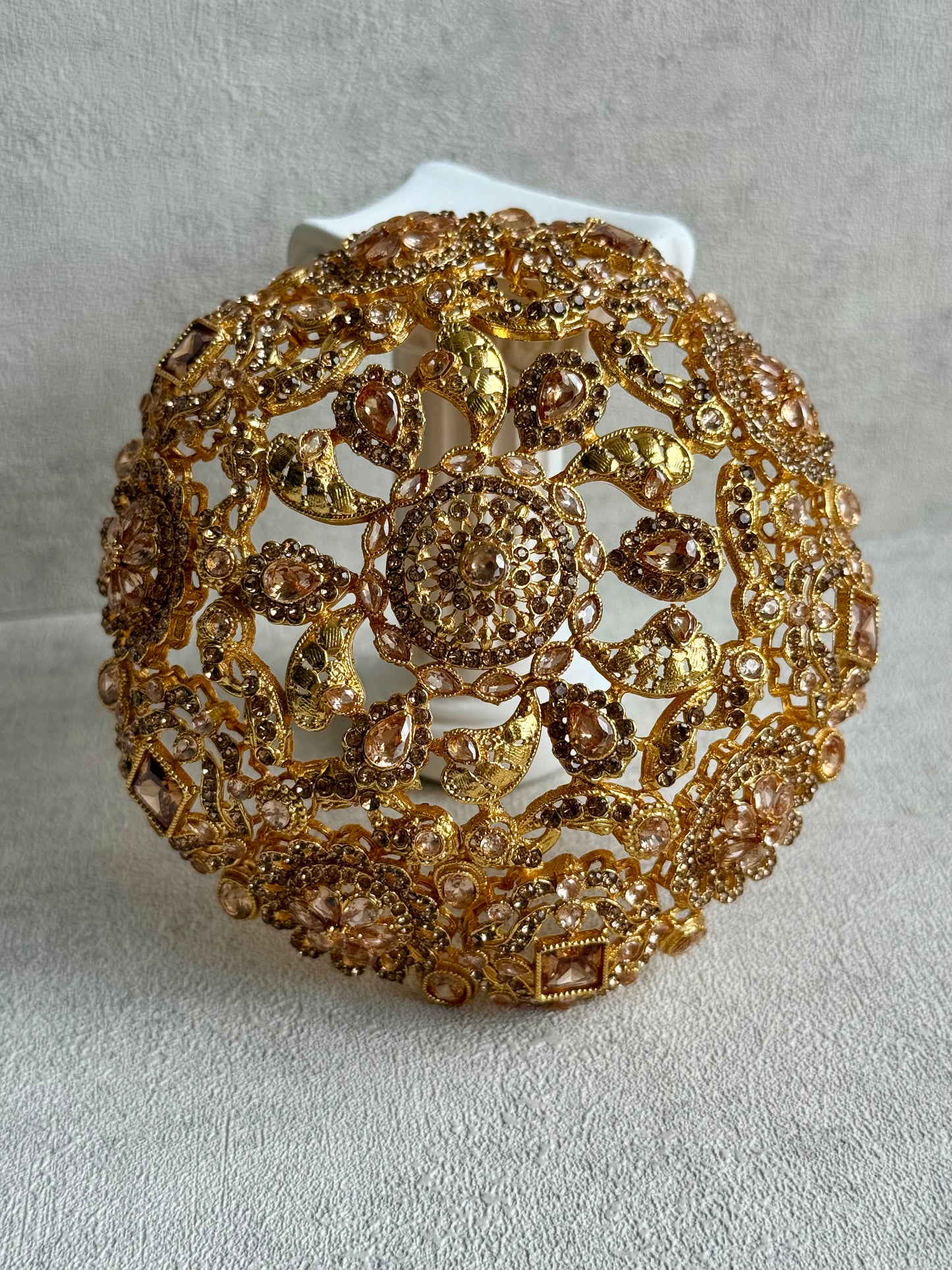 Ayura Designs Lotus Hair Bun Cover – Antique Gold with Champagne Stones & Floral Detailing