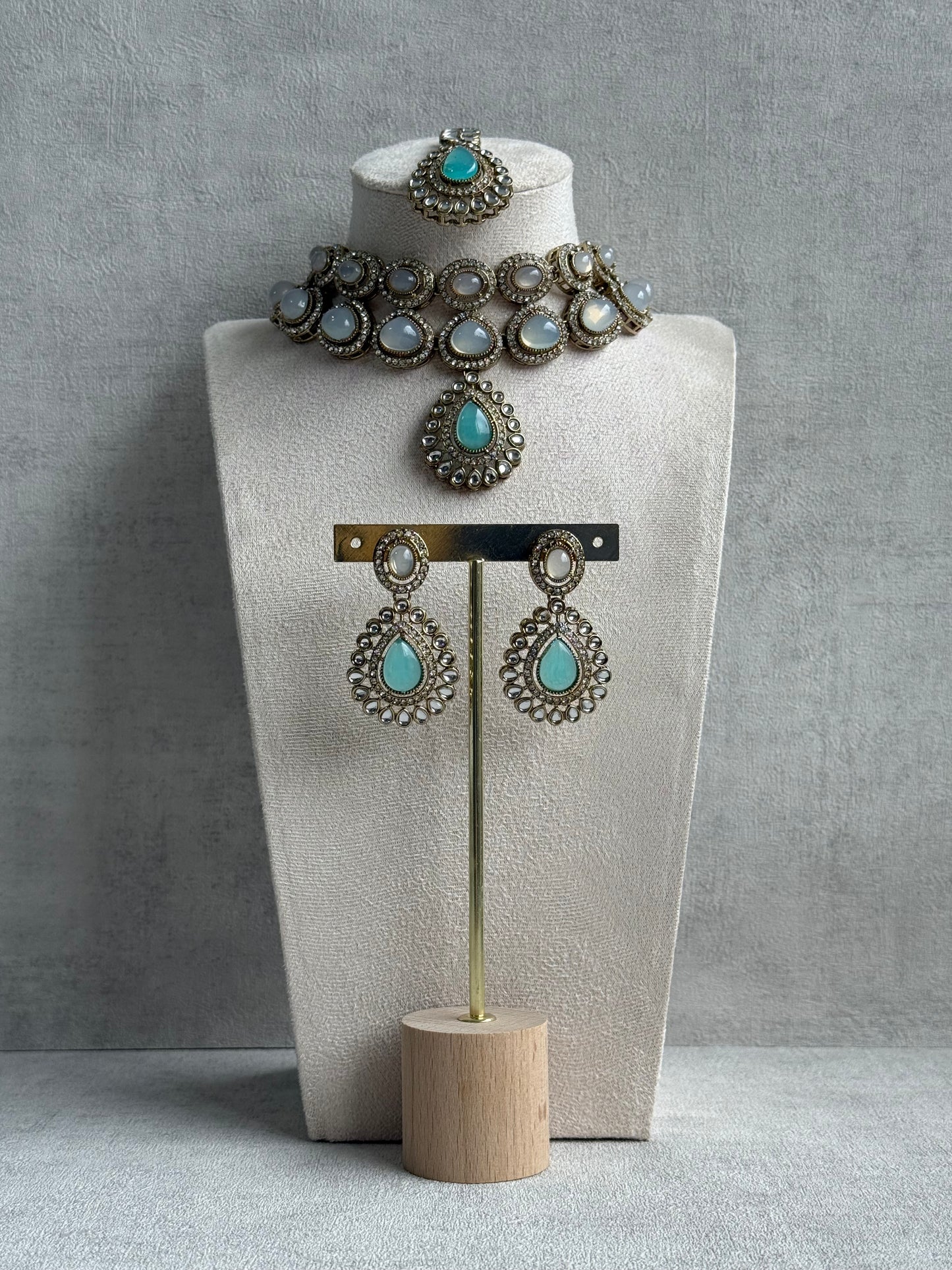 Ayura Designs Tamara Set with Necklace, Earrings & Tikka – Aqua & Opal Stones with Kundan Detailing in Antique Gold Finish
