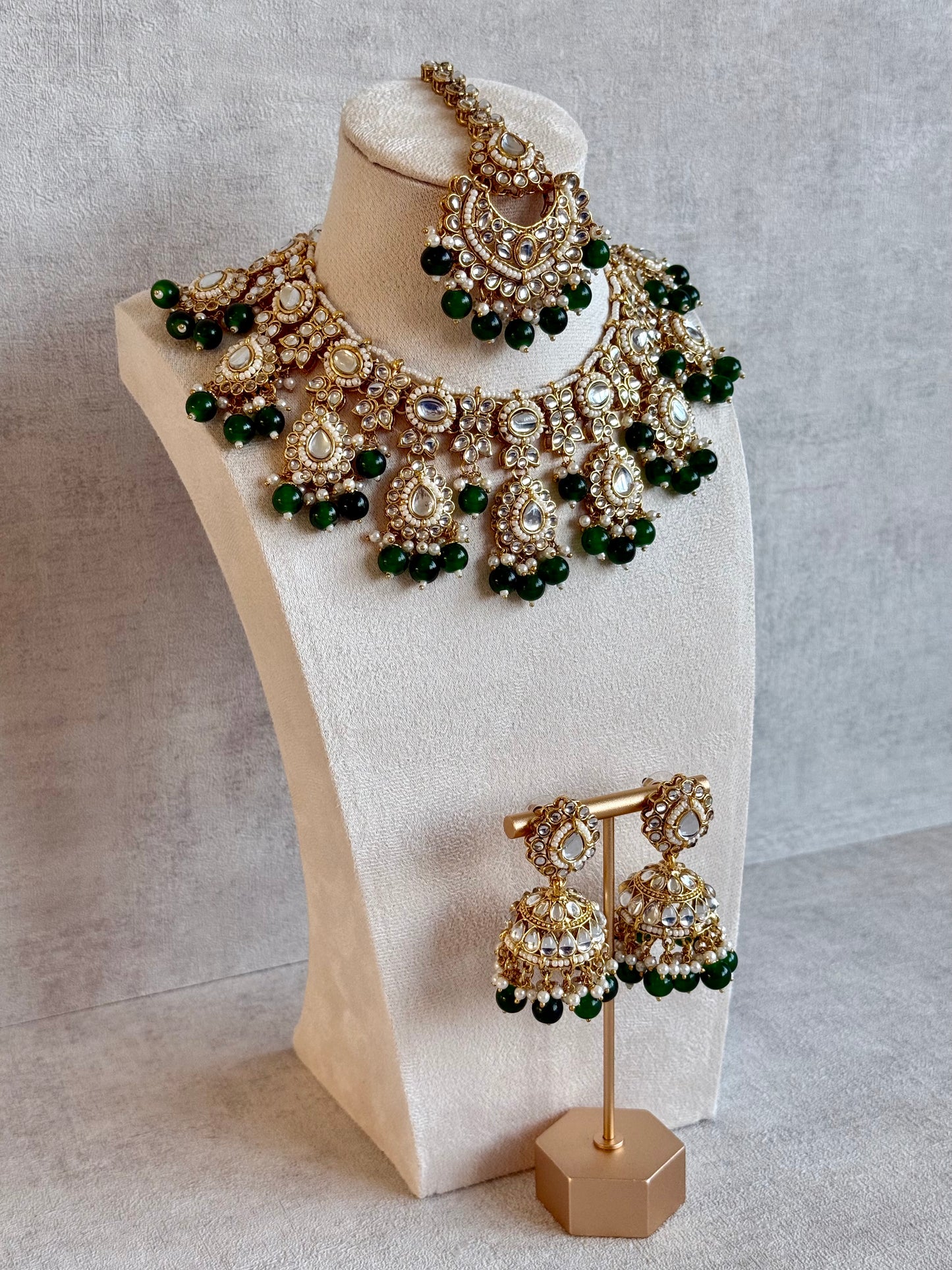 Ayura Designs Iyla Set with Necklace, Earrings & Tikka – Kundan Detailing, Ivory Pearl Drops & Emerald Beads