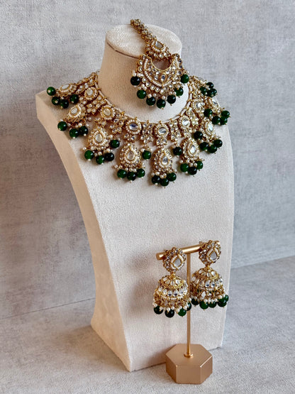Ayura Designs Iyla Set with Necklace, Earrings & Tikka – Kundan Detailing, Ivory Pearl Drops & Emerald Beads