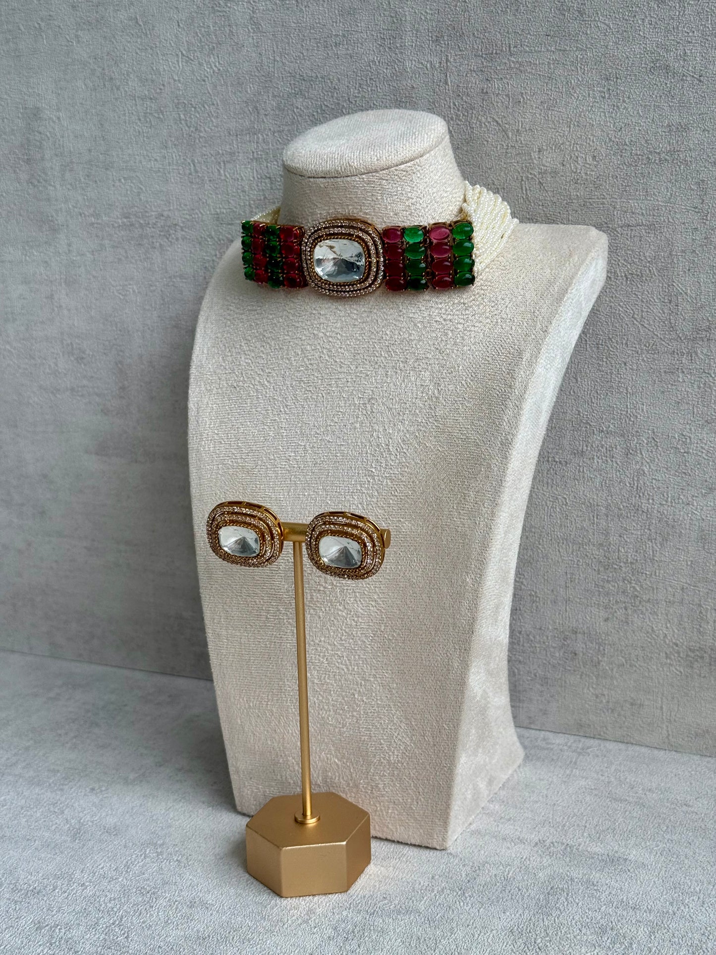 Ayura Designs Emma Choker Set – Fuchsia Pink & Emerald Green Gemstone Choker & Studs with Mirror-Cut Centrepiece, Pearl Strands & Crystal Borders