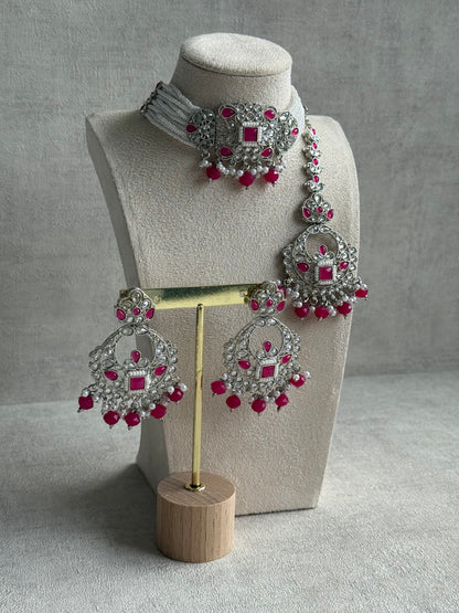 Ayura Designs Geet Set – Choker, Earrings & Tikka with Fuchsia Stones, Pearls & Silver Finish