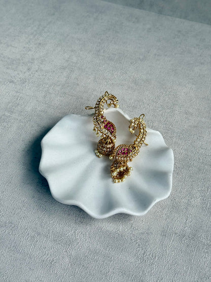 Ayura Designs Padma Earrings – Gold Half Ear Cuffs with Peacock Motif, Pink Stone Accents, Kundan Crystals & Pearl Jhumka Drops