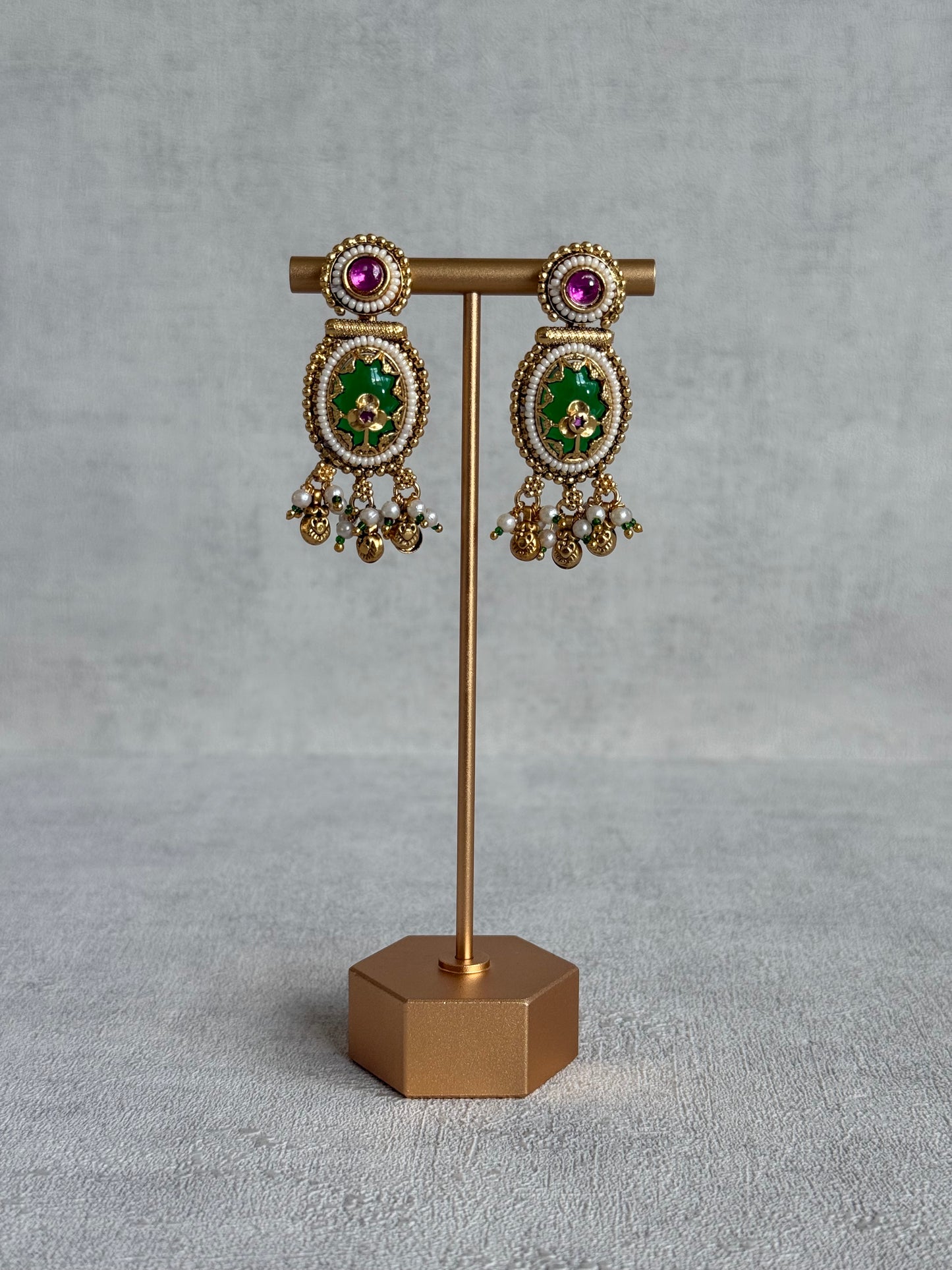 Ayura Designs Enjal Earrings – Emerald Green Enamel, Pearl Beading, Pink Stone & Gold Finish