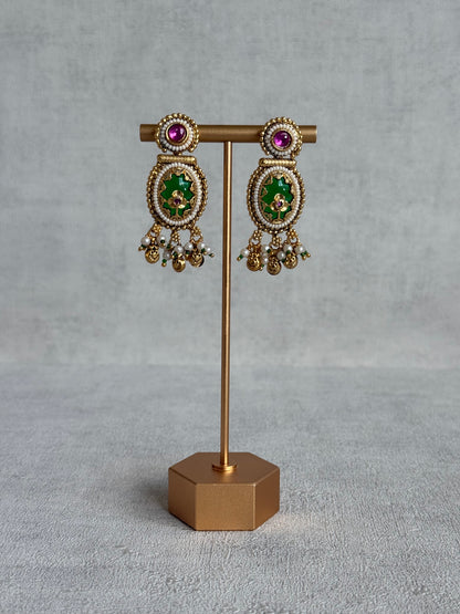 Ayura Designs Enjal Earrings – Emerald Green Enamel, Pearl Beading, Pink Stone & Gold Finish