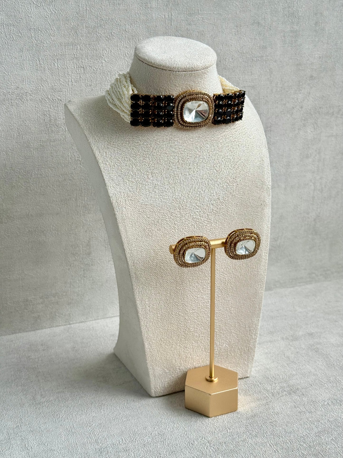 Ayura Designs Emma Choker Set – Black Gemstone Choker & Studs with Mirror-Cut Centrepiece, Pearl Strands & Crystal Borders