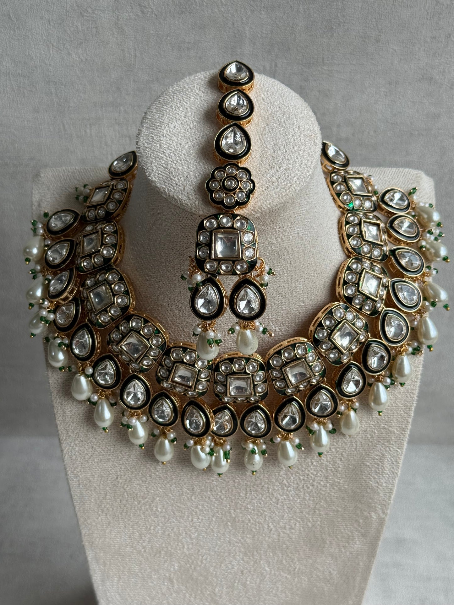 Ayura Designs Salma Set – Necklace, Earrings & Tikka with Mirror-Cut Kundan, Ivory Pearls, Emerald Green Meenakari & Gold Finish