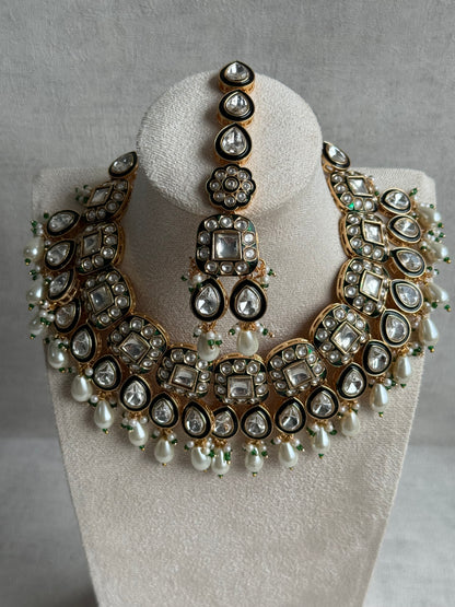 Ayura Designs Salma Set – Necklace, Earrings & Tikka with Mirror-Cut Kundan, Ivory Pearls, Emerald Green Meenakari & Gold Finish