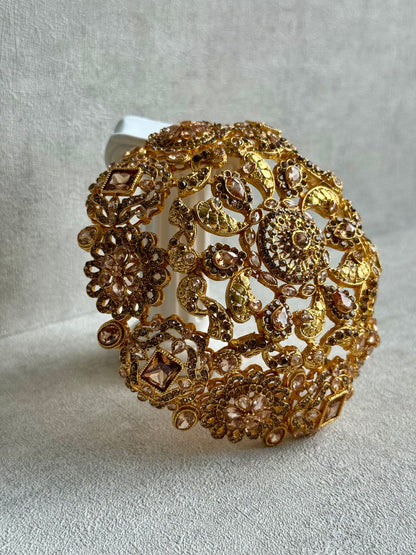 Ayura Designs Lotus Hair Bun Cover – Antique Gold with Champagne Stones & Floral Detailing