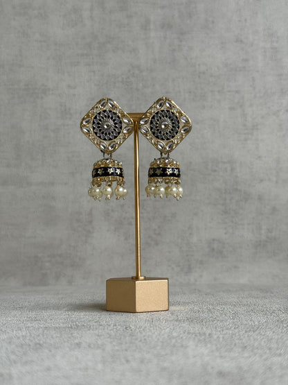 Ayura Designs Rangoli Jhumkis – Silver, Black & Ivory Meenakari with Pearl Drops in Antique Gold Finish