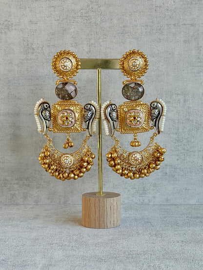 Ayura Designs Soha Earrings – Antique Gold with Smoky Grey Stone & Oxidised Parrots