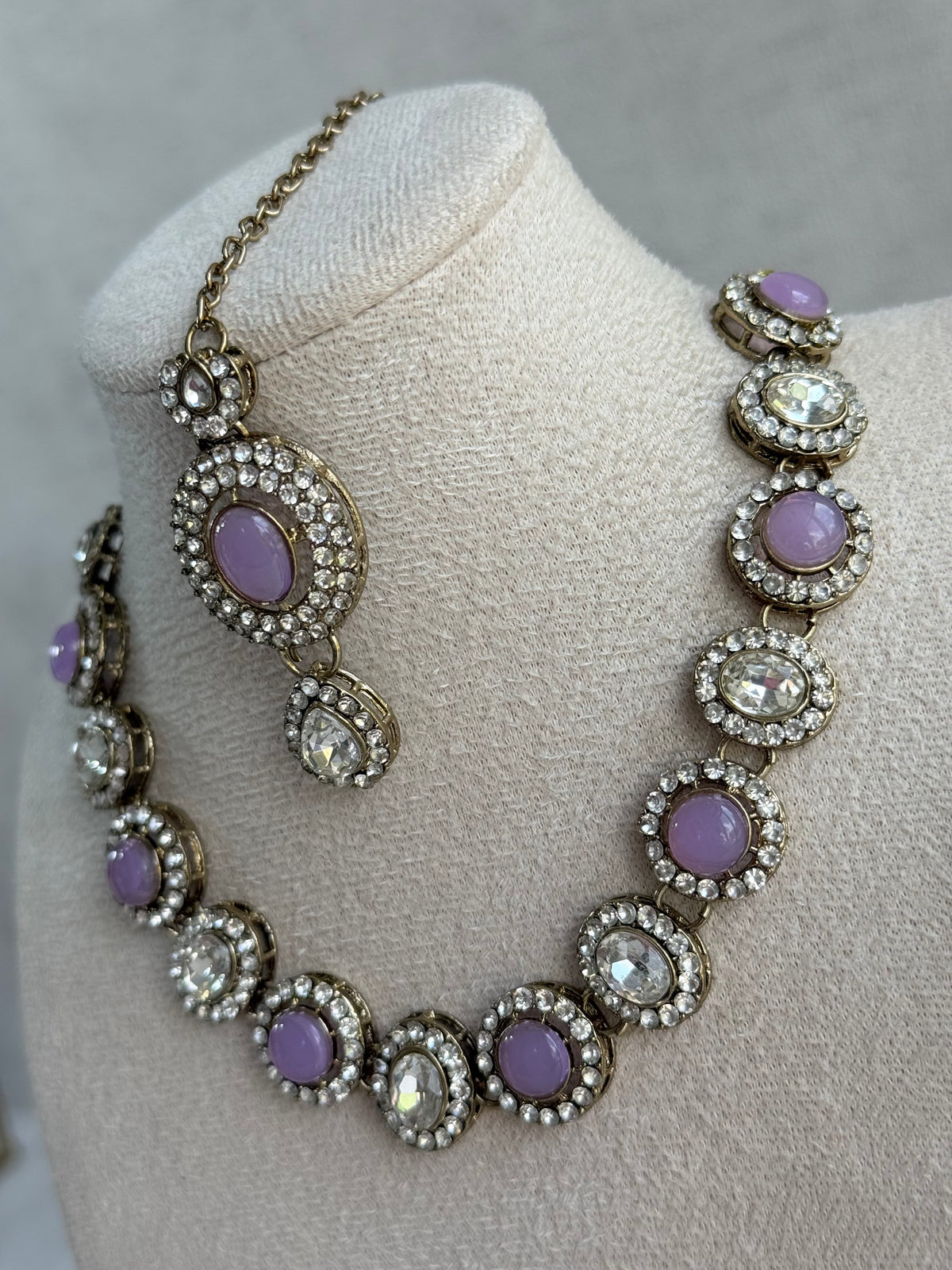 Ayura Designs Eira Necklace Set with Earrings & Tikka – Lilac & Crystal Stones with Antique Gold Finish