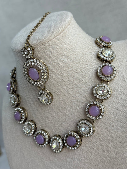 Ayura Designs Eira Necklace Set with Earrings & Tikka – Lilac & Crystal Stones with Antique Gold Finish