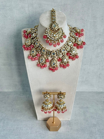 Ayura Designs Iyla Set with Necklace, Earrings & Tikka – Kundan Detailing, Ivory Pearl Drops & Peach Beads