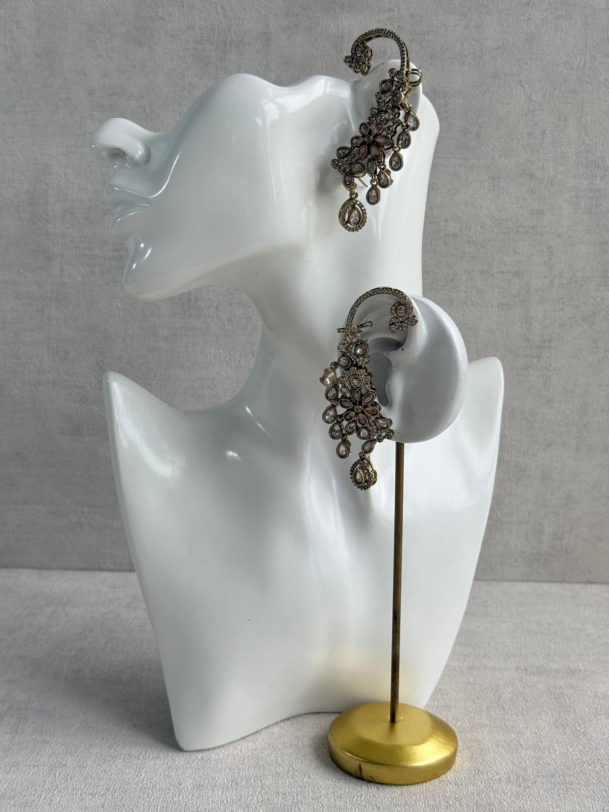 Ayura Designs Aksara Kaanphool Earrings – Blush Pink Stones, Kundan, Crystals & Antique Gold Finish