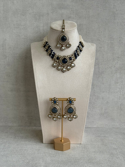 Ayura Designs Rahi Necklace Set with Earrings & Tikka – Ink Blue Stones with Mirror-Cut Detailing & Pearl Strands