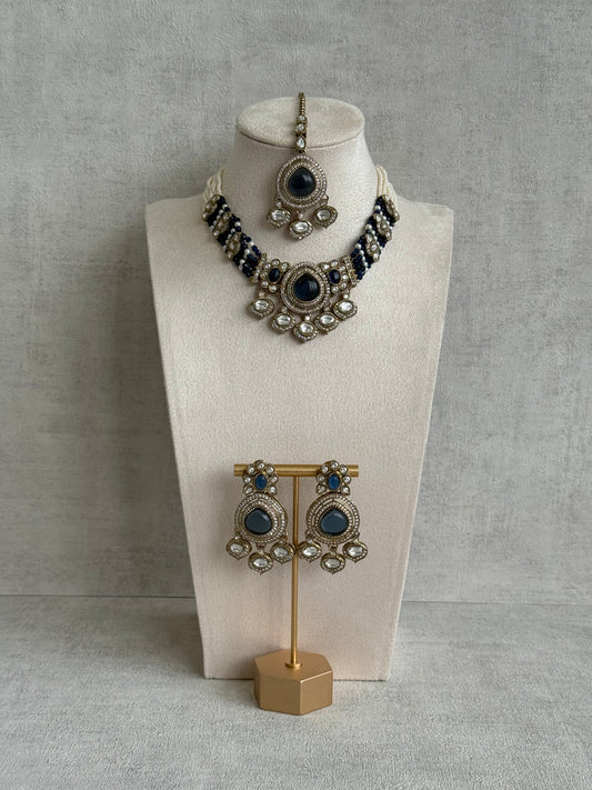 Ayura Designs Rahi Necklace Set with Earrings & Tikka – Ink Blue Stones with Mirror-Cut Detailing & Pearl Strands