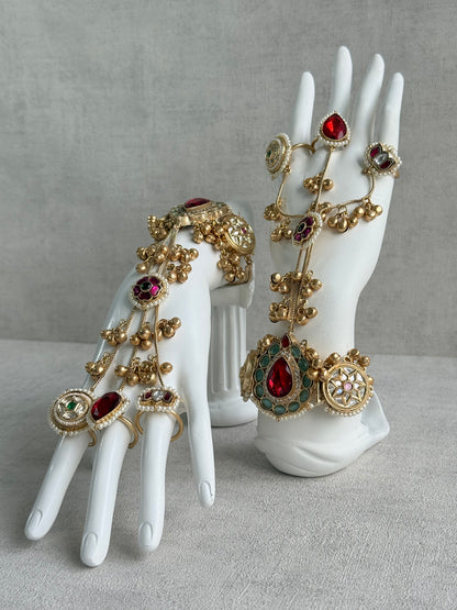 Ayura Designs Ekavira Haathphool Set of 2 – Kundan Style Hand Harness with Ruby Red, Rani Pink & Green Stones, Ghungroo Detailing & Pearls