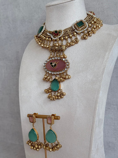 Ayura Designs Ahista Necklace Set with Earrings – Statement Pendant Necklace with Pink & Aqua Green Cat Eye Stones, Pearl Detailing & Ghungroo Accents