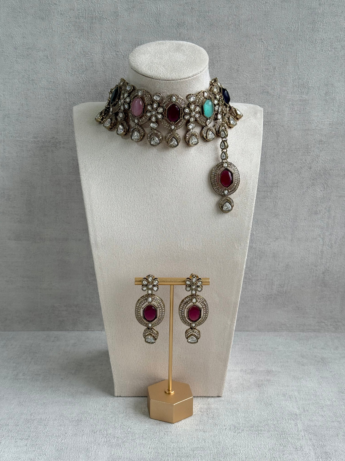 Ayura Designs Emanya Choker Set – Choker, Earrings & Tikka with Mirror-Cut Stones, Multicolour & Antique Gold Detailing