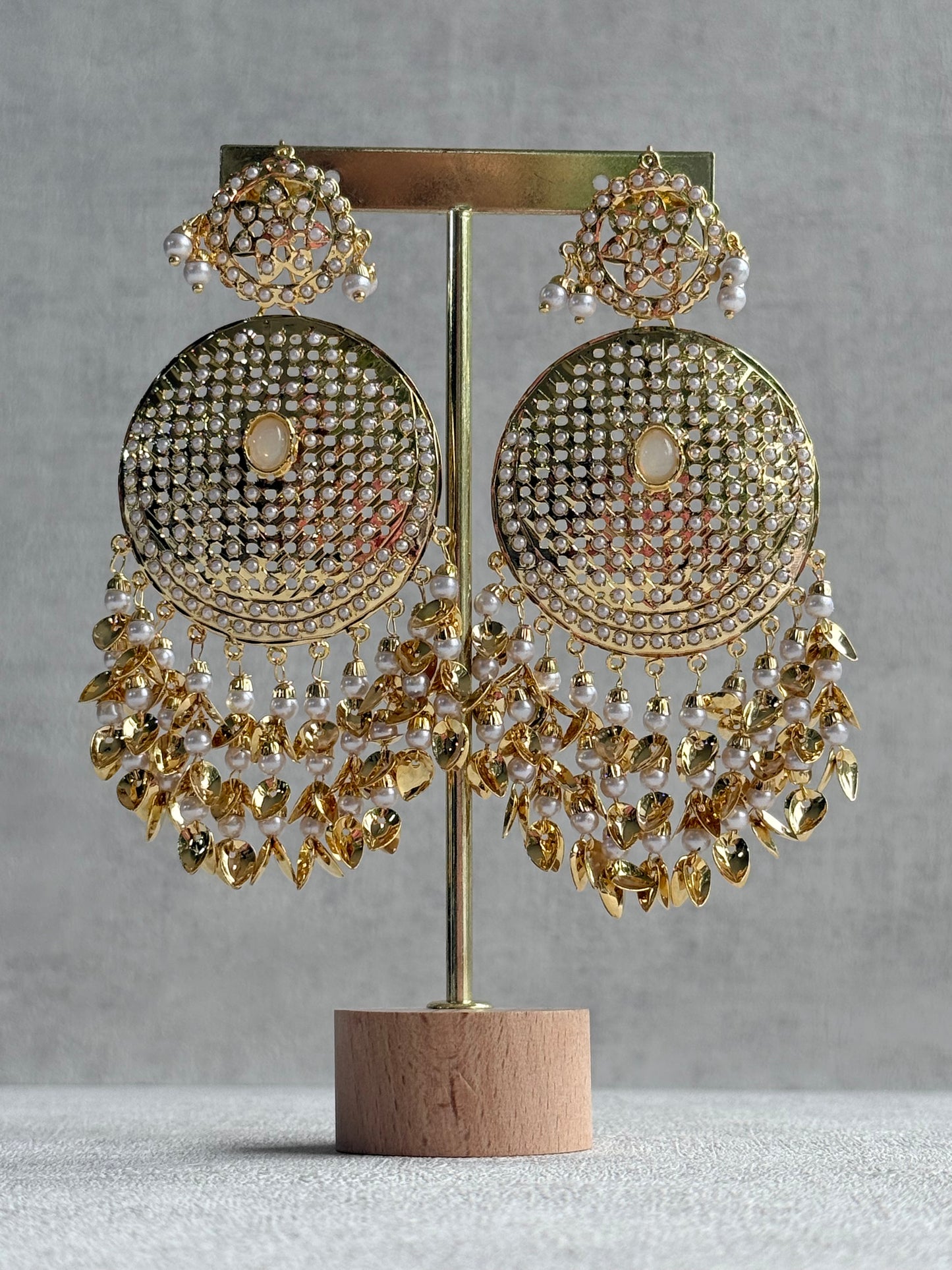 Ayura Designs Seerat Earrings – Ivory Gold Pippal Patti Design with Pearls