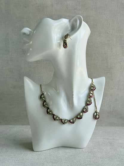 Ayura Designs Katalina Necklace Set with Earrings & Tikka – Rani Pink Stones, Crystals & Antique Gold Finish