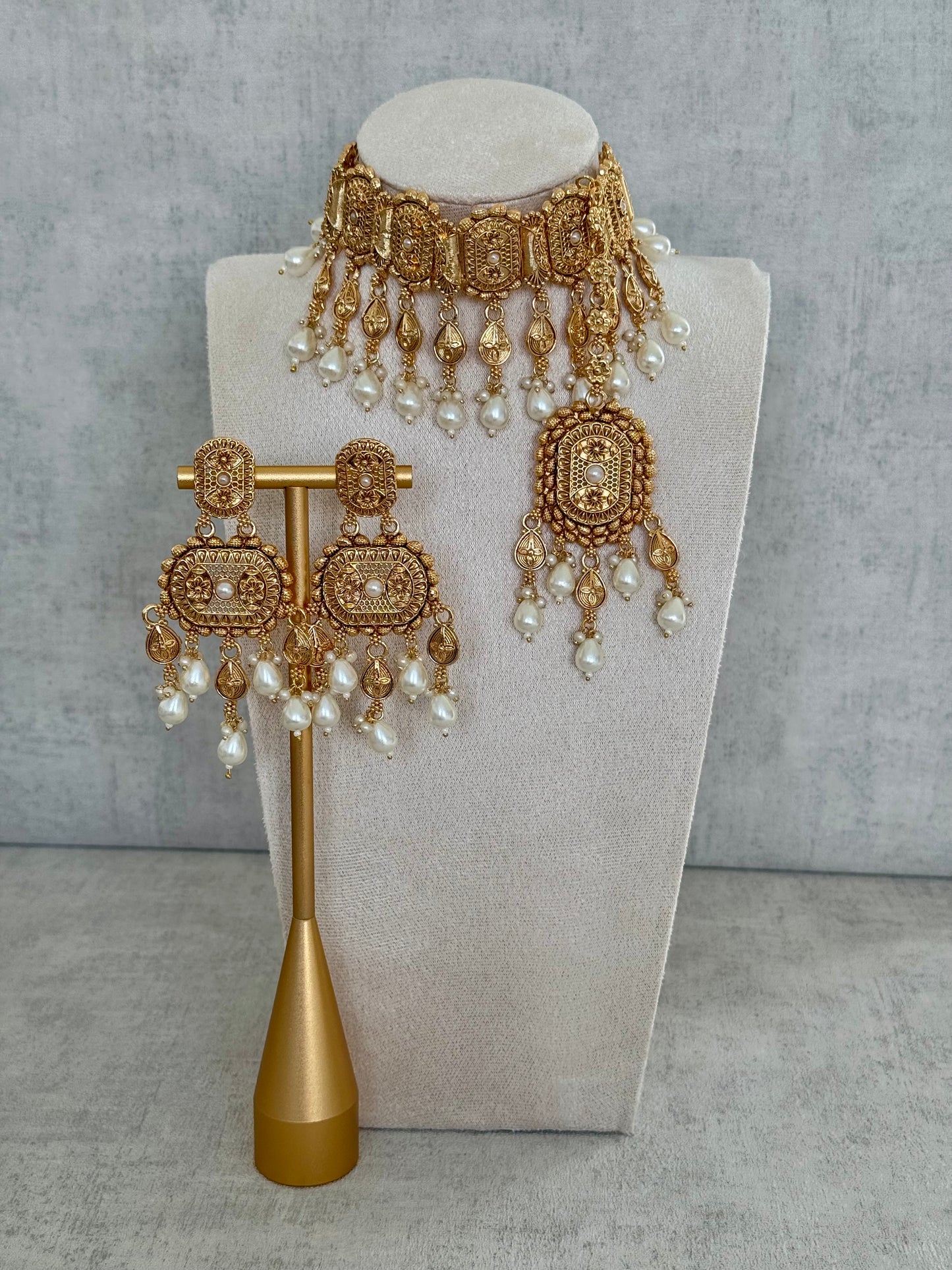 Ayura Designs Elahi Antique Gold-Plated Choker Set with Earrings & Tikka, Adorned with Pearl Drops