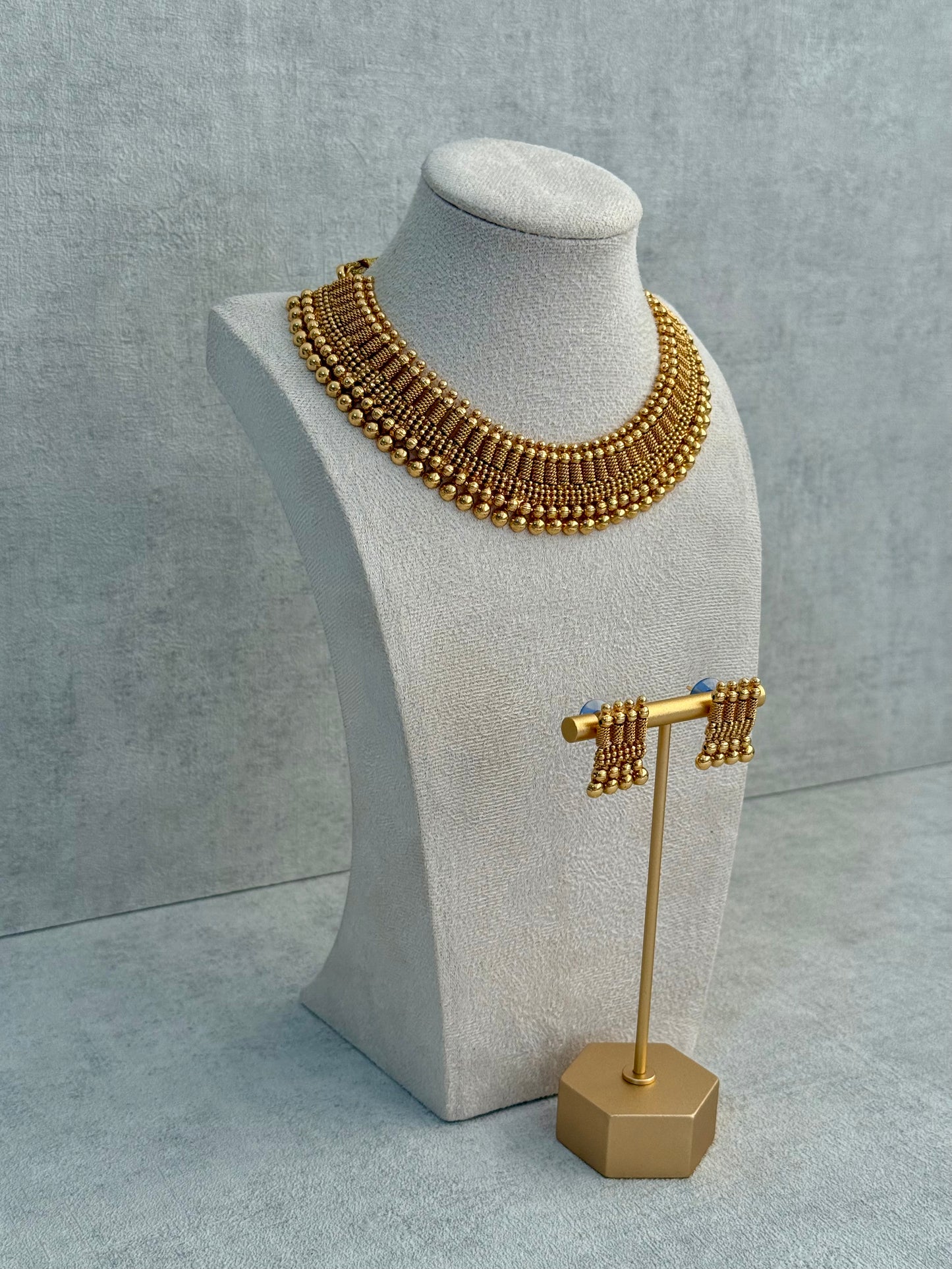 Ayura Designs Lavanya Set with Necklace & Earrings – Matte Antique Gold Beaded Design