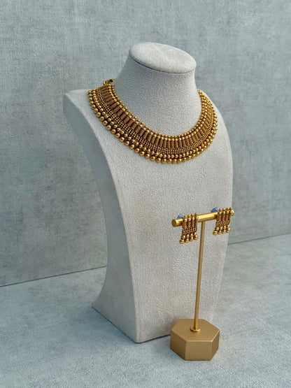 Ayura Designs Lavanya Set with Necklace & Earrings – Matte Antique Gold Beaded Design