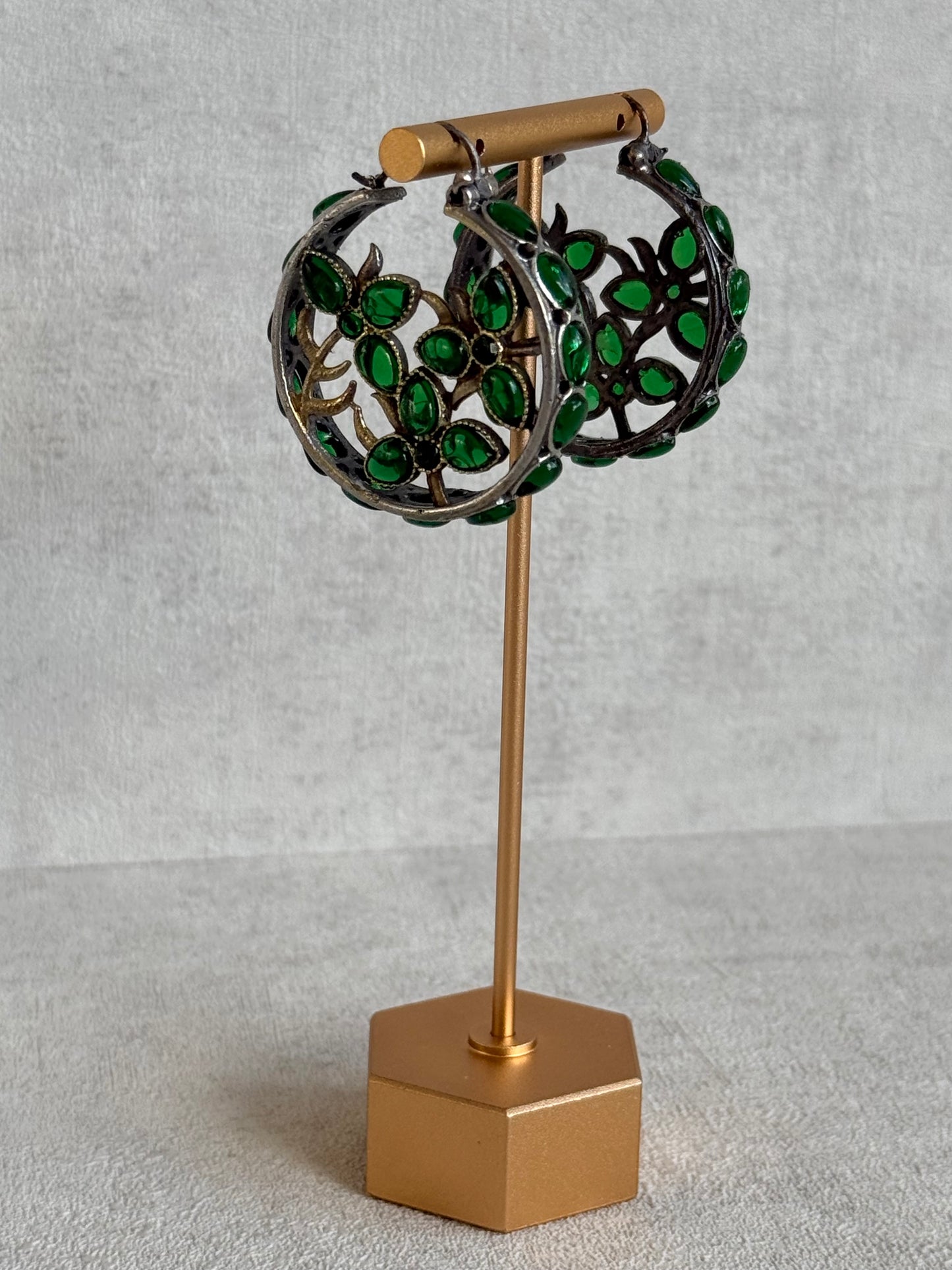 Ayura Designs Nureh Earrings – Dual Tone Floral Hoop Earrings with Emerald Green Stones & Cutwork Detailing
