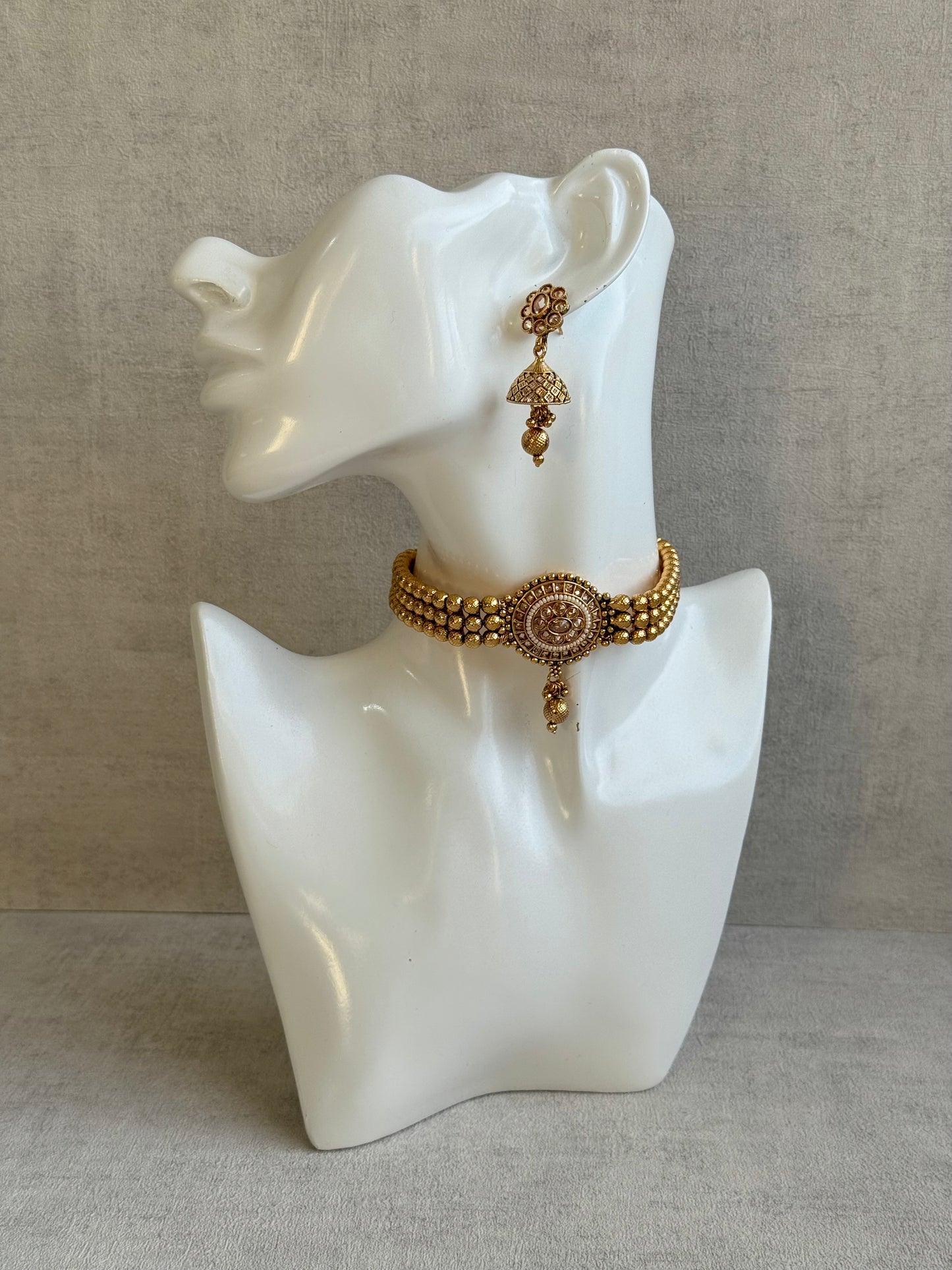 Ayura Designs Kavish Choker Set – Antique Gold Choker with Jhumkis in Champagne Stones & Pearl Detailing