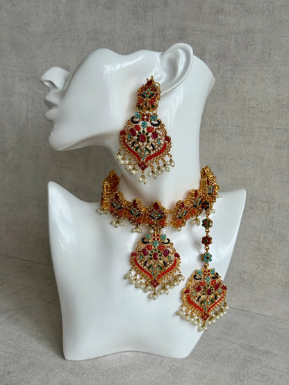 Ayura Designs Itrat Set with Choker, Earrings & Tikka – Antique Gold with Multicolour Stones & Pearl Detailing