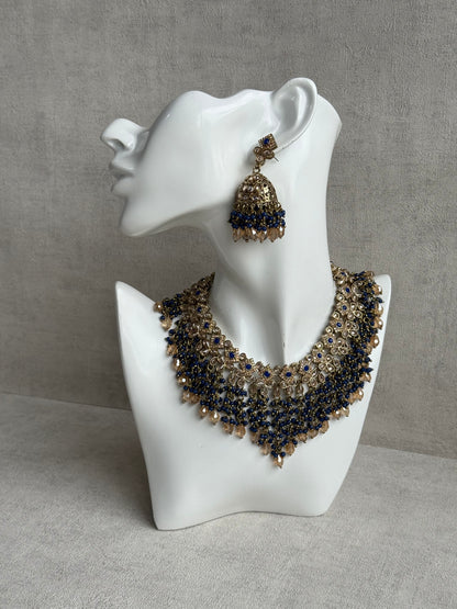 Ayura Designs Rayna Set with Necklace & Tikka – Champagne Crystals, Ink Blue Beads & Antique Gold Finish