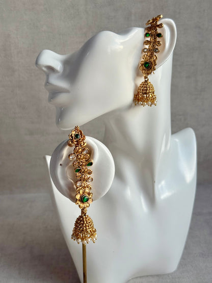 Ayura Designs Keerti Jhumkis – Antique Gold Kannauti Earrings with Emerald Green Stones, Mirror-Cut Detailing & Pearl Drops