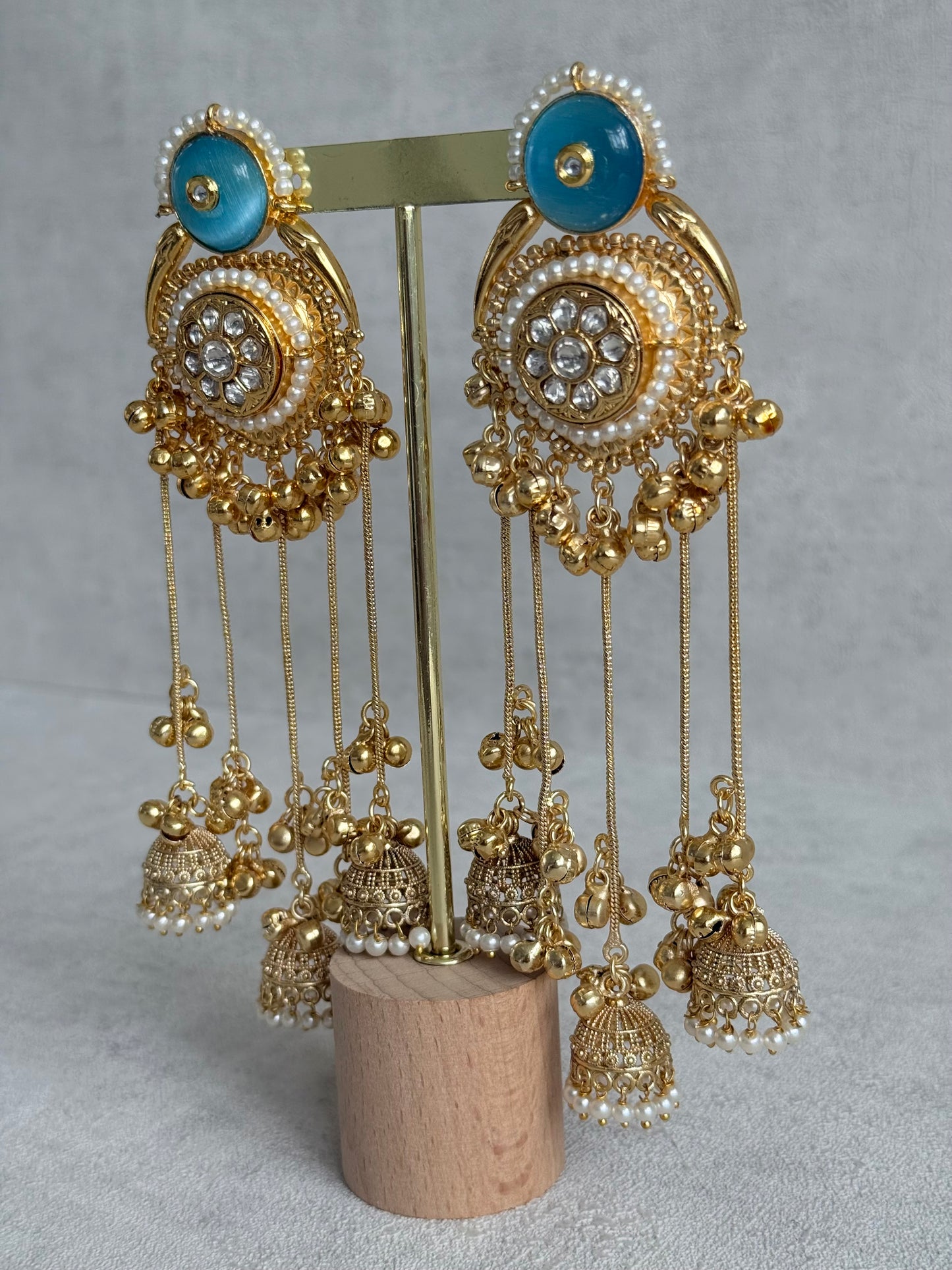 Ayura Designs Shagan Earrings – Aqua Blue Statement Earrings with Multi Jhumki Drops, Pearl Detailing & Ghungroo Accents