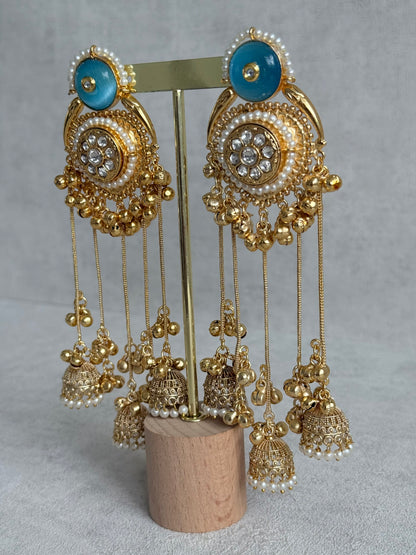 Ayura Designs Shagan Earrings – Aqua Blue Statement Earrings with Multi Jhumki Drops, Pearl Detailing & Ghungroo Accents