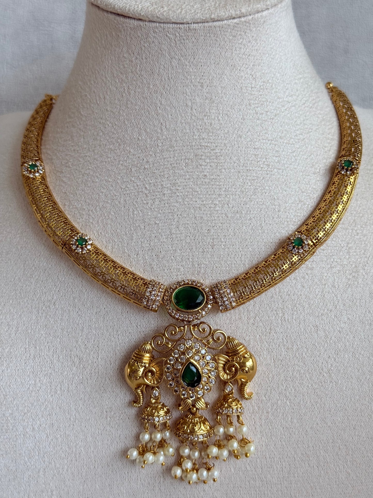 Ayura Designs Wadha Collar Necklace Set with Earrings – Gold Elephant Pendant & Emerald Green Stone Detailing
