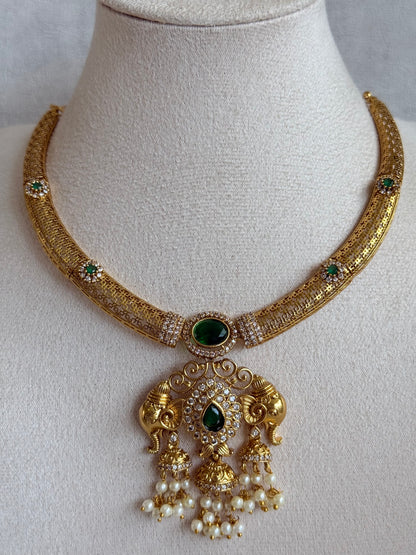 Ayura Designs Wadha Collar Necklace Set with Earrings – Gold Elephant Pendant & Emerald Green Stone Detailing
