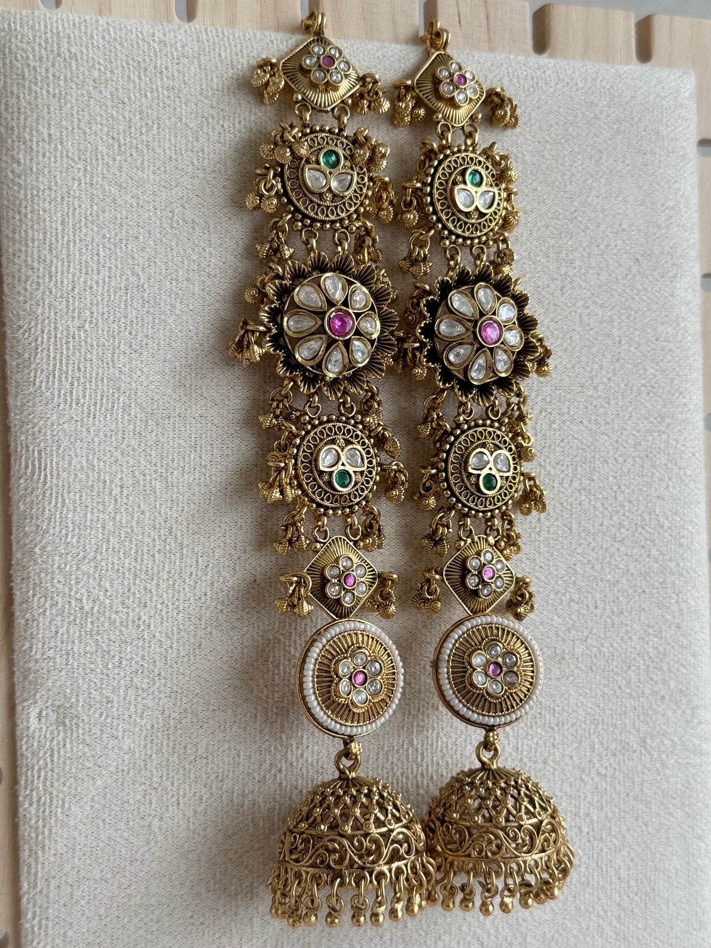 Ayura Designs Sabina Jhumkis with Detachable Sahare – Multicolour Kundan & Antique Gold Finish