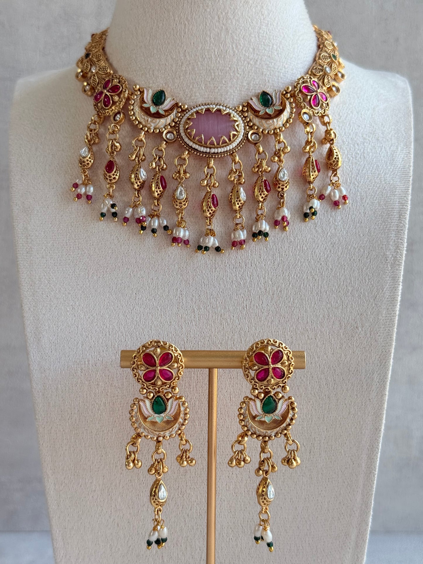 Ayura Designs Aavya Necklace Set – Blush Pink & Emerald Green Kundan Meenakari Design