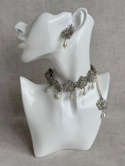 Ayura Designs Alina Choker Set with Earrings & Tikka – Silver Crystal Floral Choker with Pearl Drops